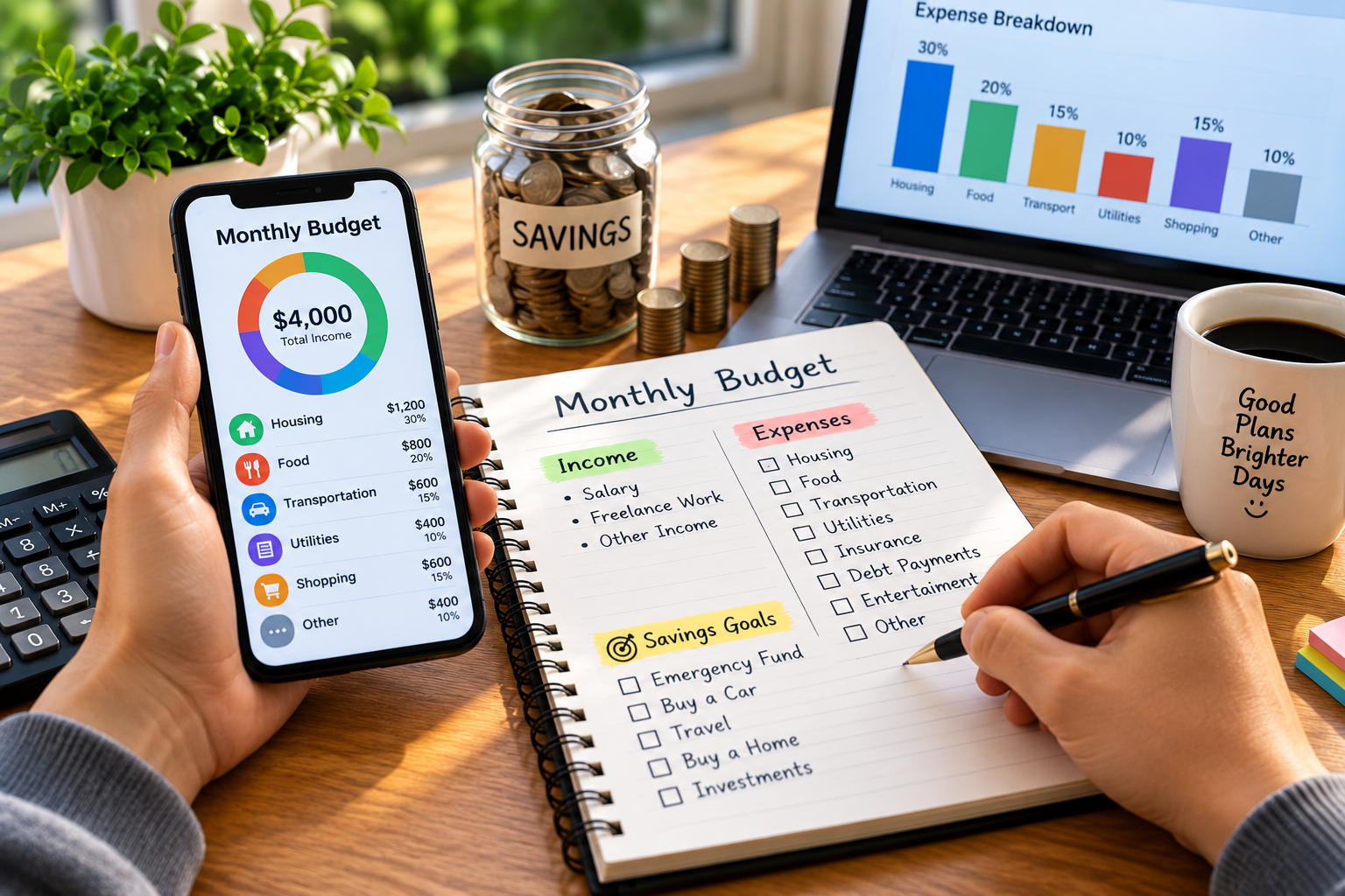 Monthly budget with income and expenses