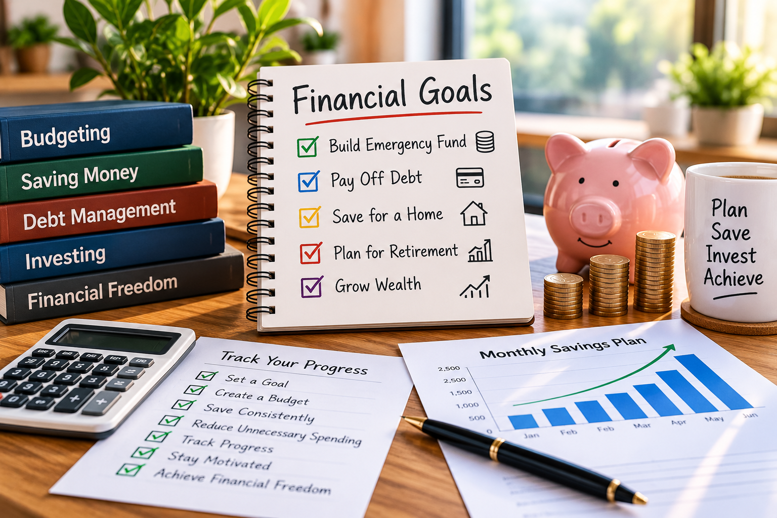 Financial goals planning with savings, debt management, and progress tracking