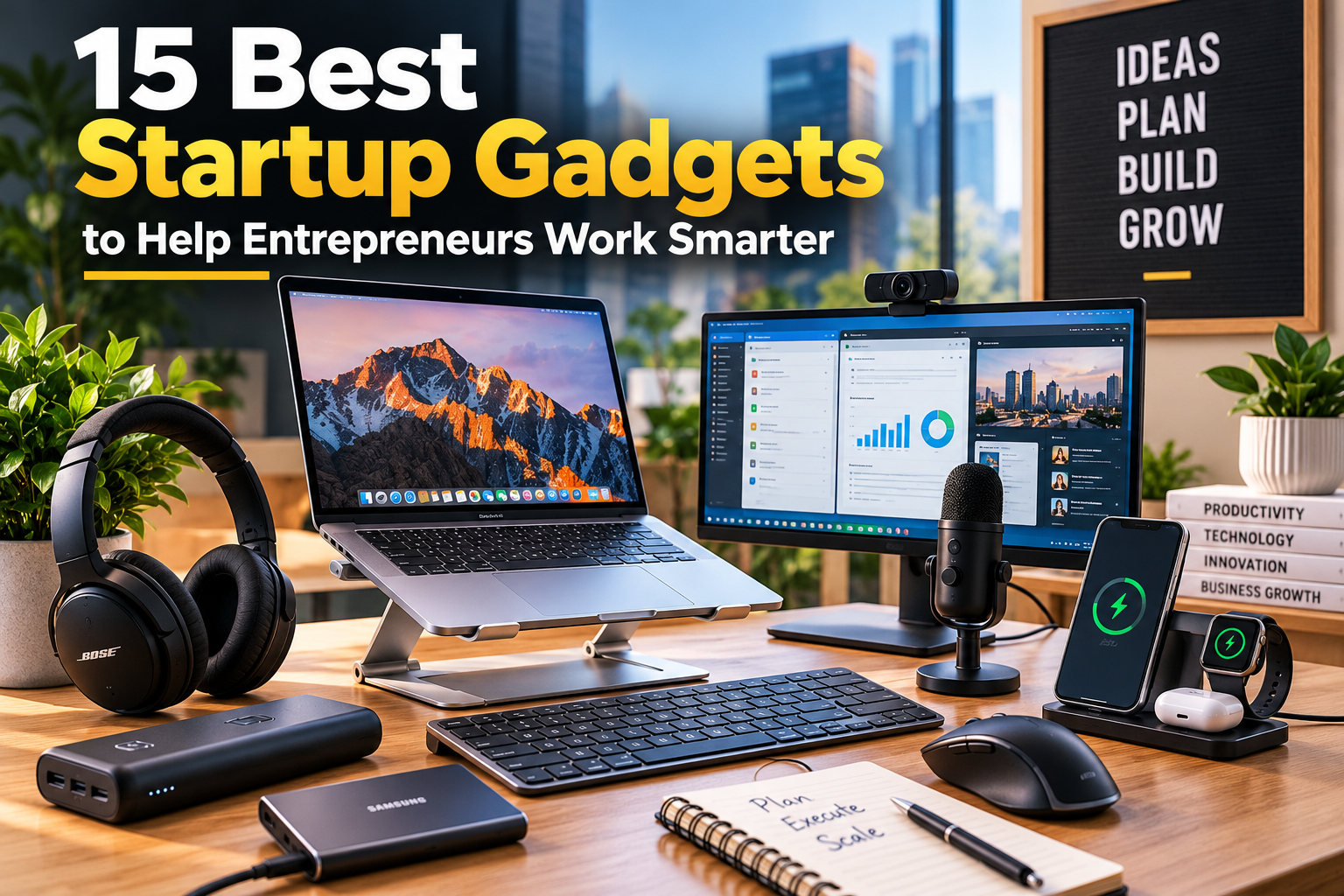 15 best startup gadgets for entrepreneurs, including a laptop, monitor, headphones, microphone, and wireless charging accessories.