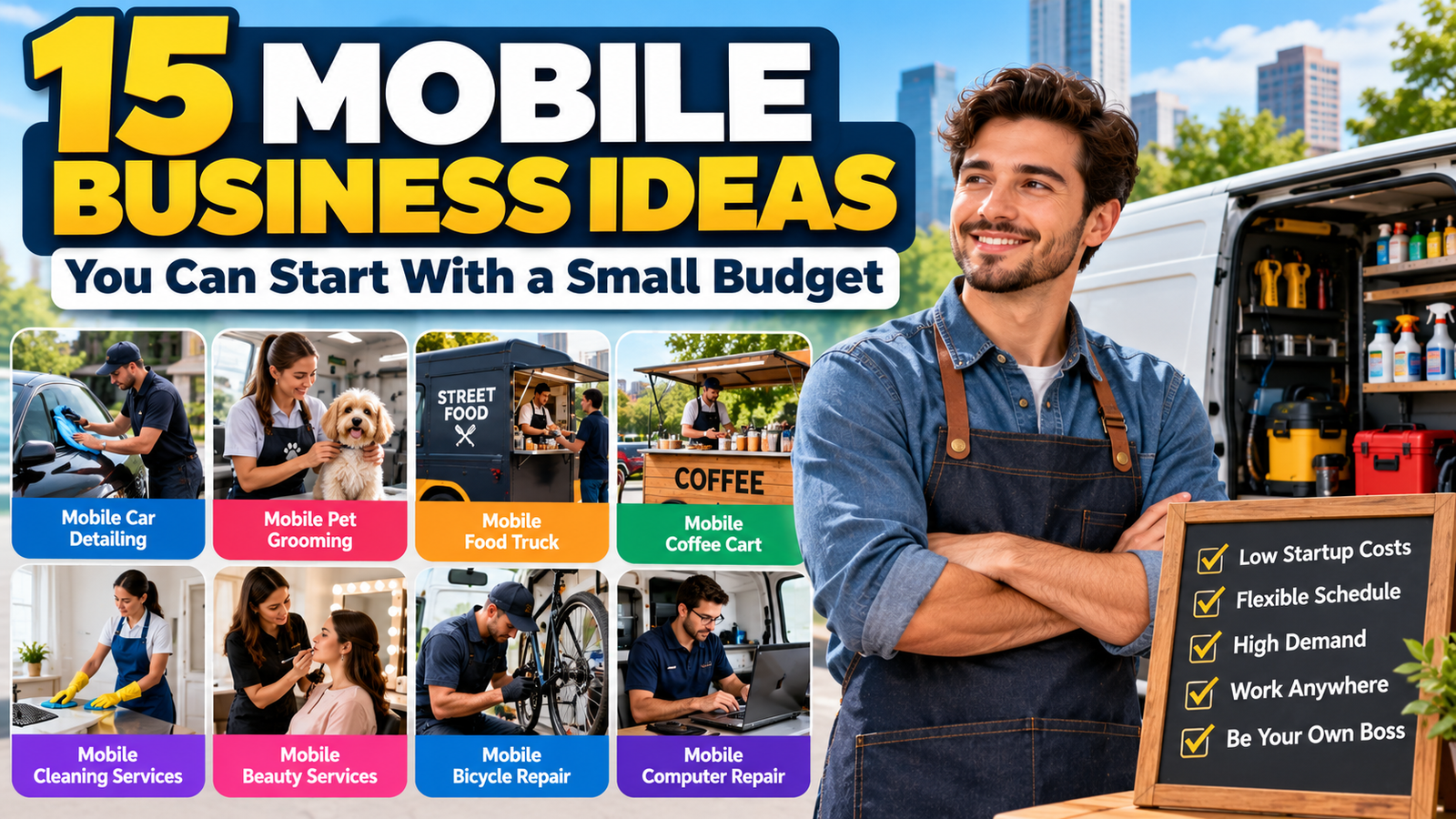 Mobile business ideas featuring car detailing, pet grooming, food trucks, cleaning, beauty services, and computer repair.