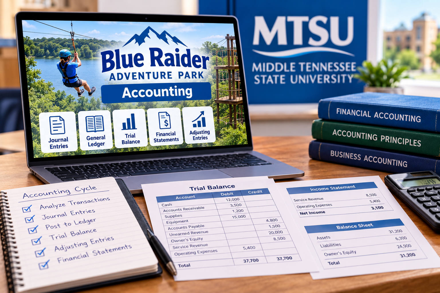Blue Raider Adventure Park general ledger infographic showing journal entries, ledger posting, account balances, and trial balance preparation.
