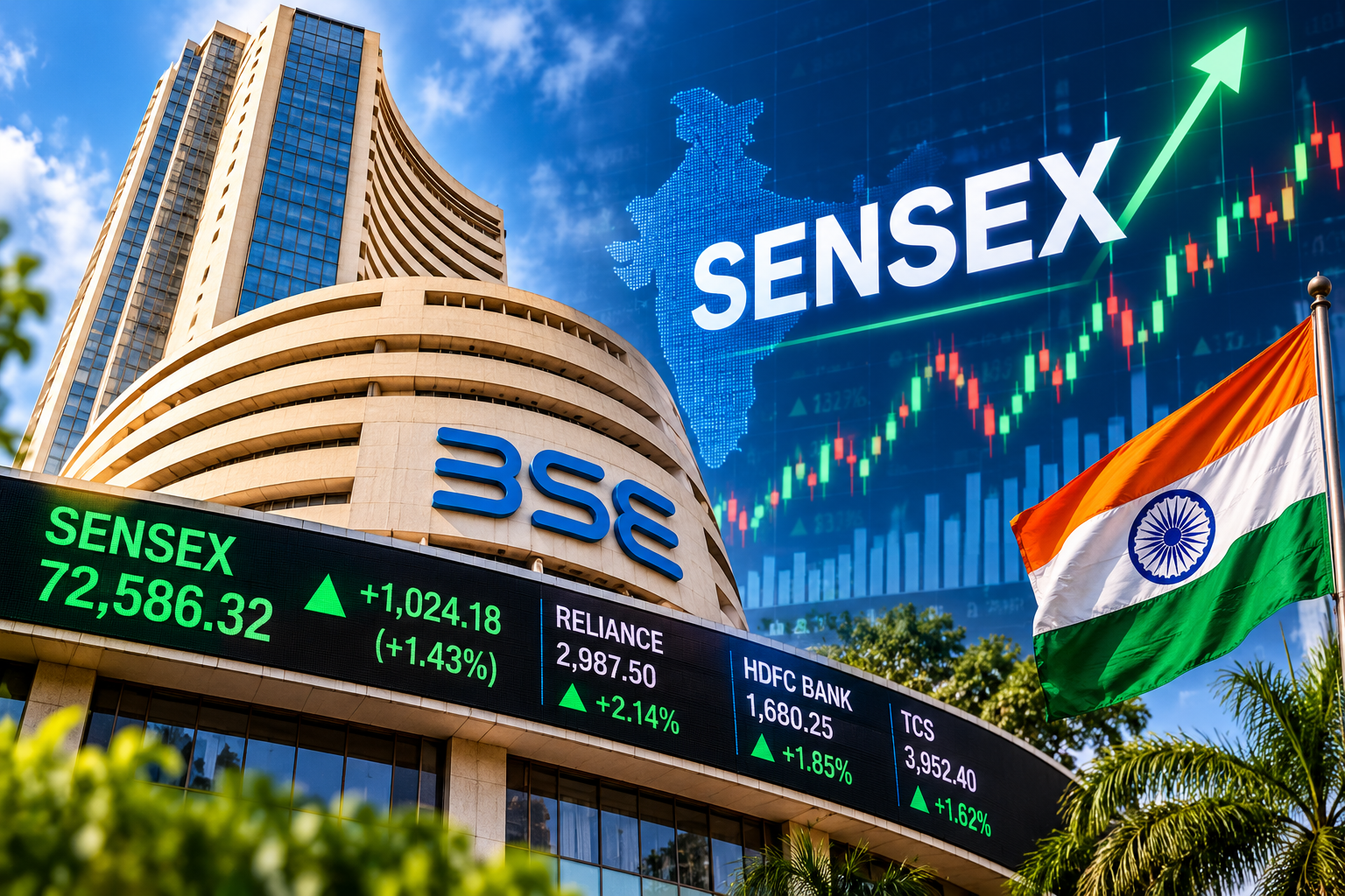 Bombay Stock Exchange building with Sensex stock market chart and Indian flag