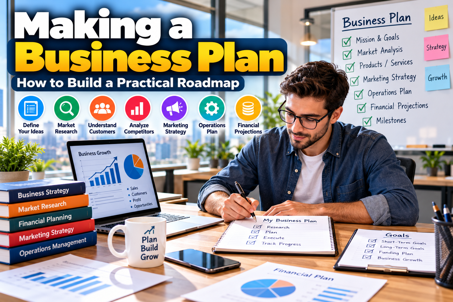 Making a business plan with an entrepreneur reviewing market research, financial projections, and business goals at a desk.