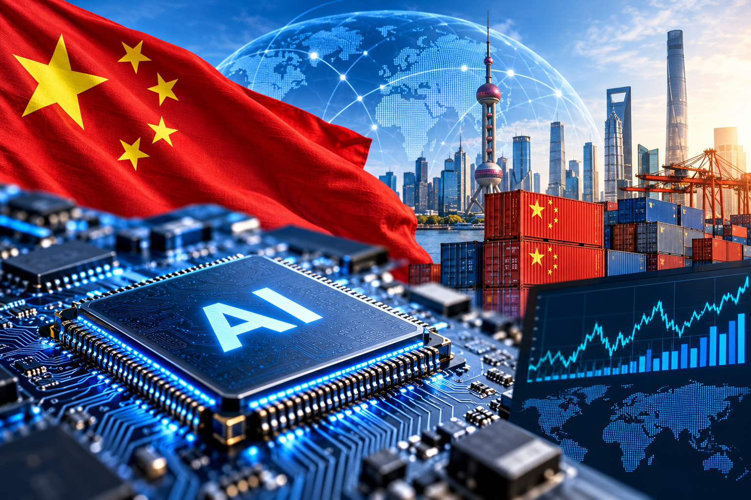 China AI technology with a semiconductor chip, Chinese flag, and global trade chart