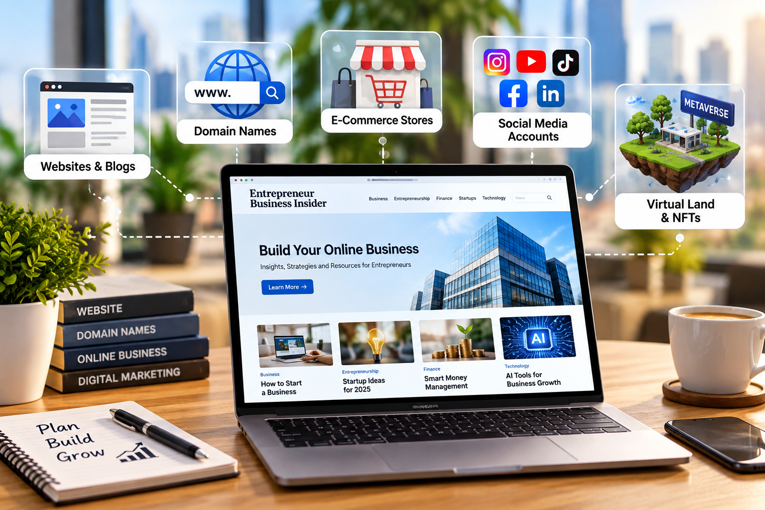 Digital real estate examples including websites, domain names, e-commerce stores, and virtual land