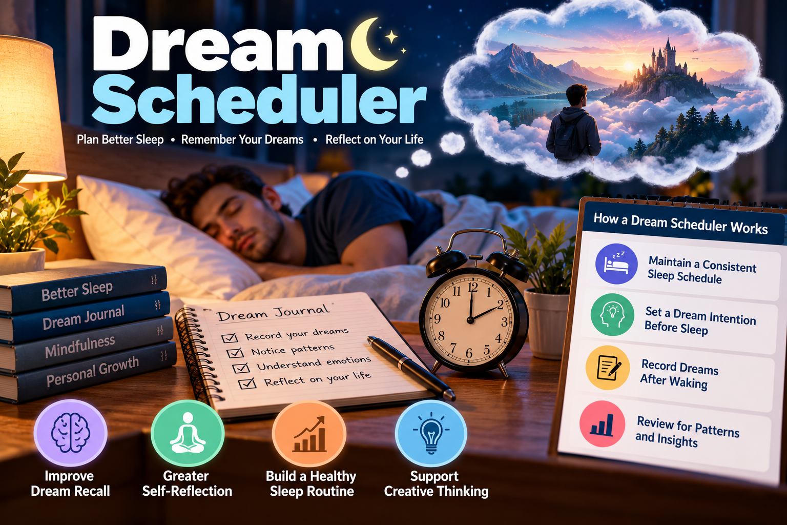 Dream scheduler routine for better sleep, dream journaling, and personal reflection.
