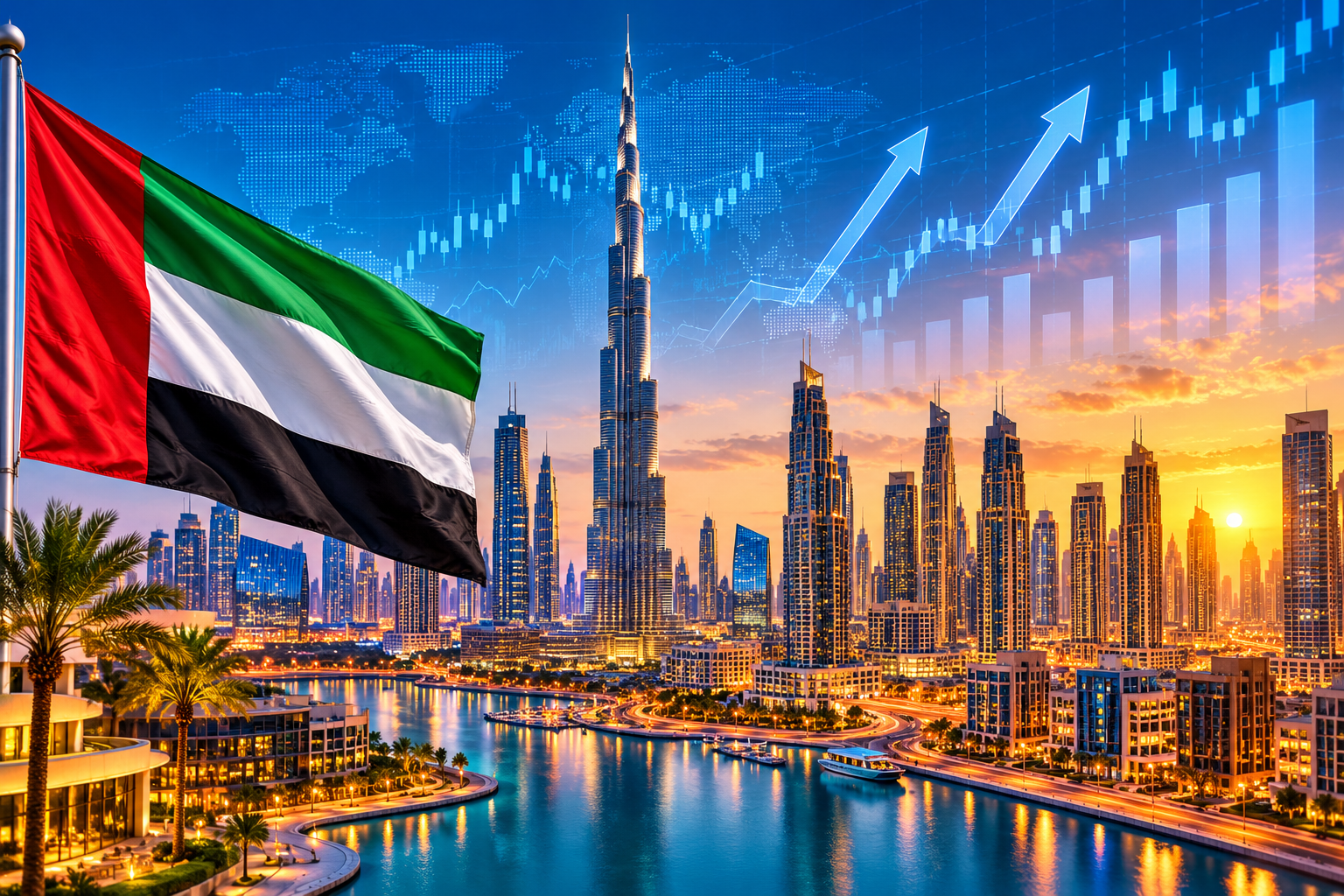 Dubai News, skyline featuring the Burj Khalifa, UAE flag, and financial market graphics