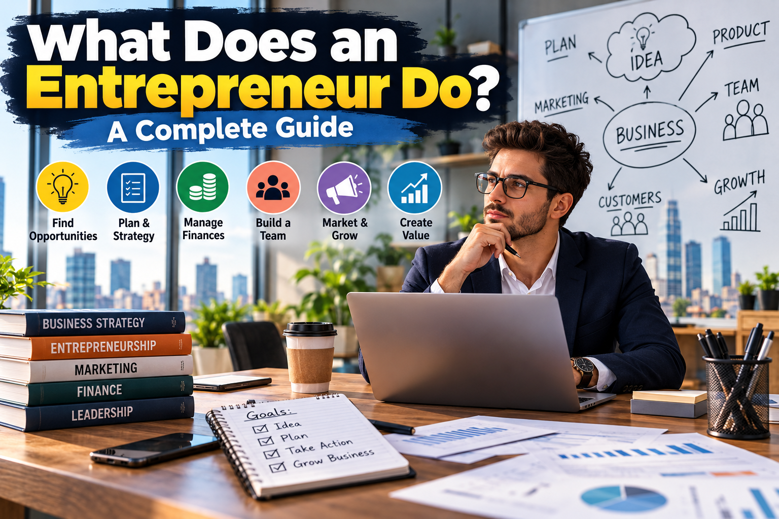 What does an entrepreneur do, including business planning, financial management, marketing, leadership, and growth.