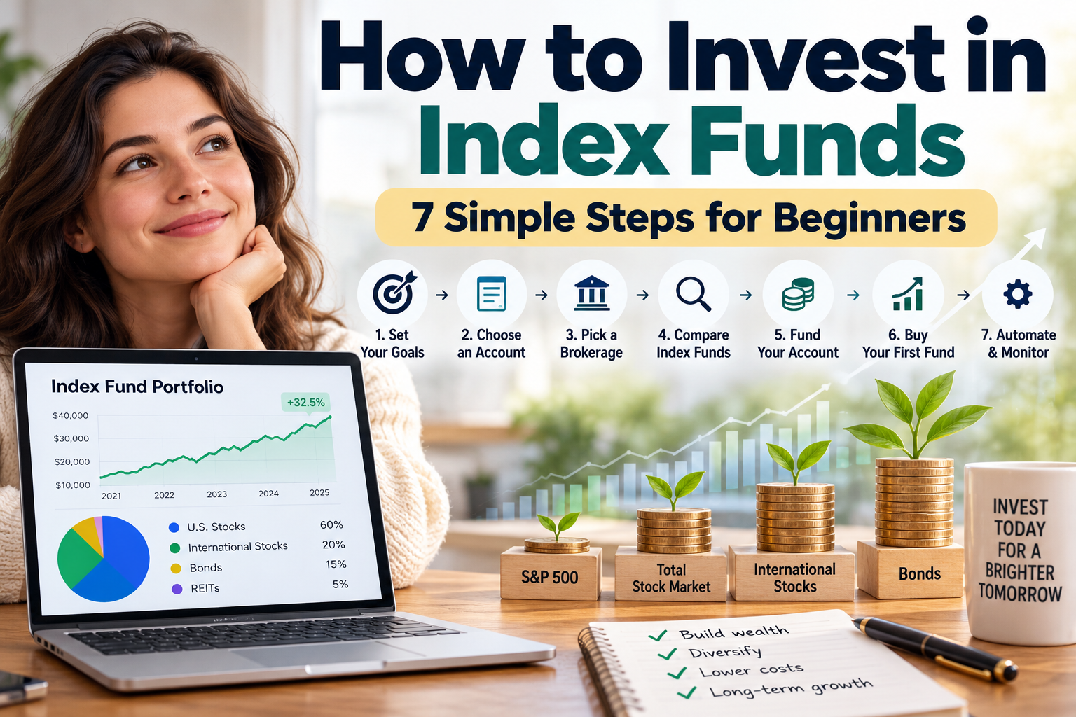 How to invest in index funds with seven beginner-friendly steps, portfolio diversification, and long-term investing concepts.