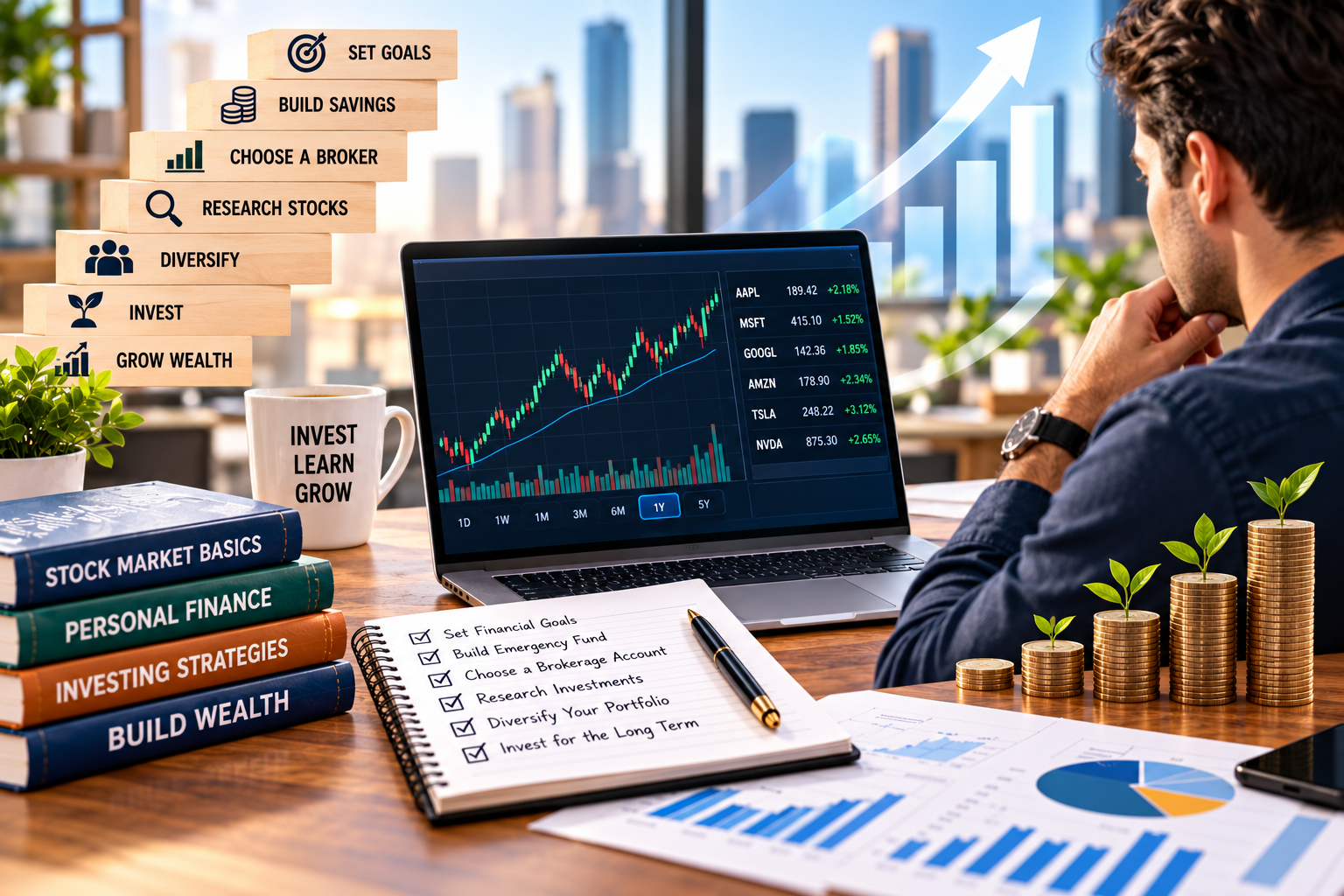 Beginner investing in stocks with financial charts and long-term investment planning