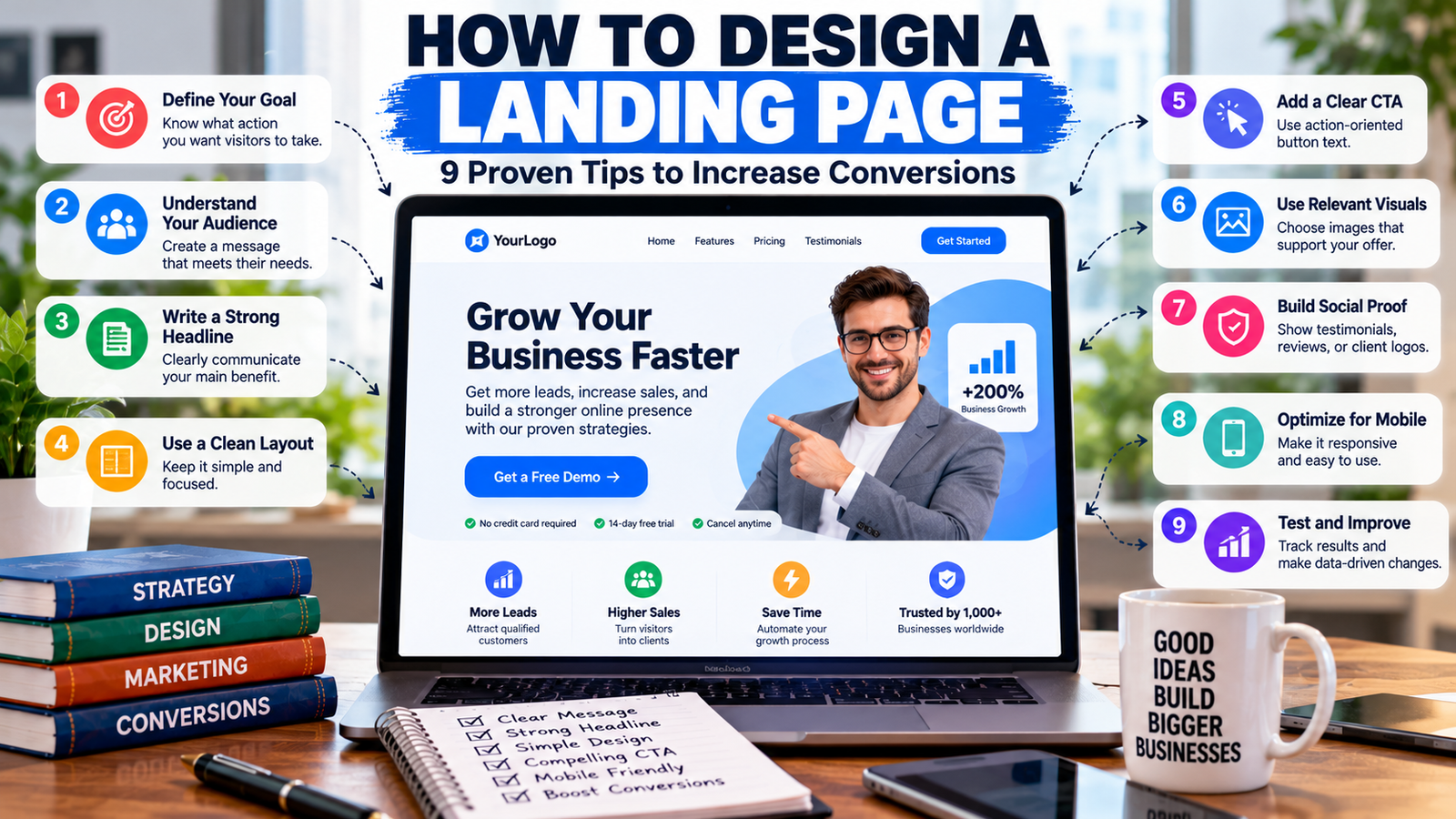 How to design a landing page with nine tips for improving layout, calls to action, mobile usability, and conversions.