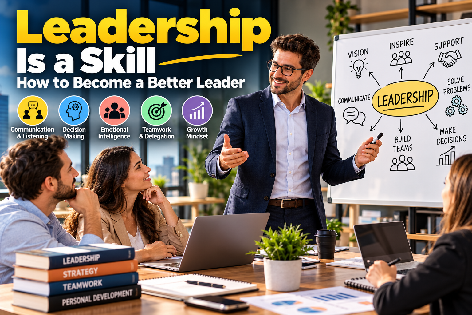 Leadership is a skill developed through communication, decision-making, teamwork, and emotional intelligence.