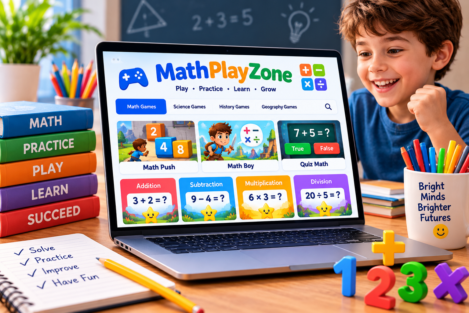 MathPlayZone math games displayed on a laptop with colorful arithmetic puzzles for students.