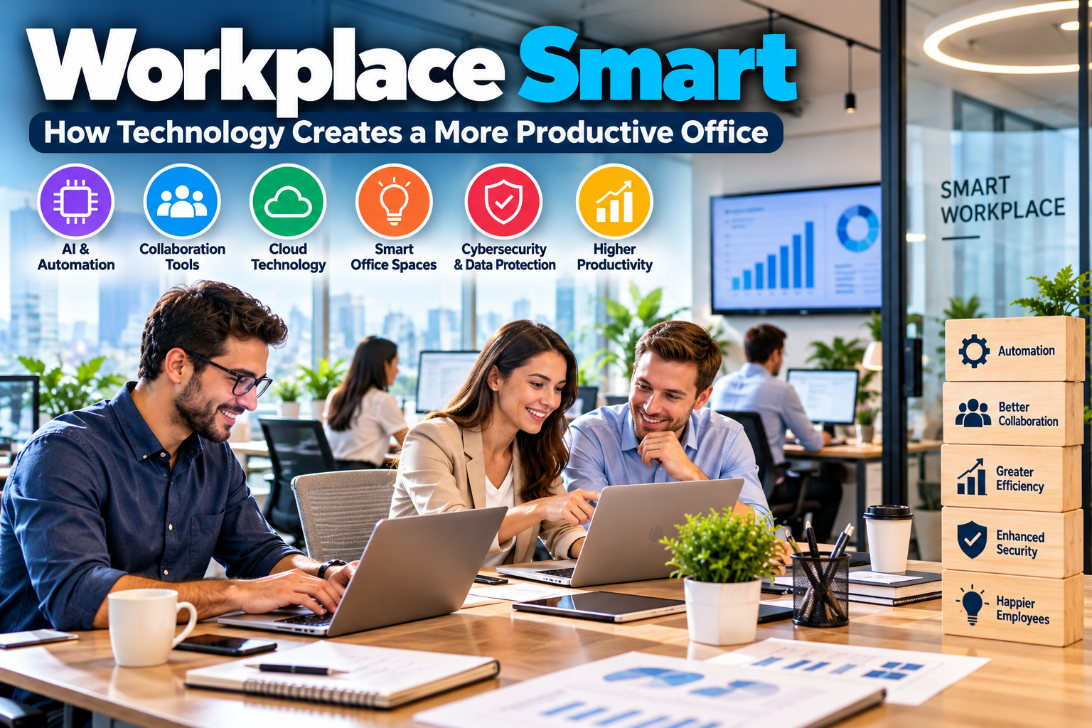 Workplace smart technology in a modern office with employees using AI tools, cloud collaboration, and digital productivity systems.