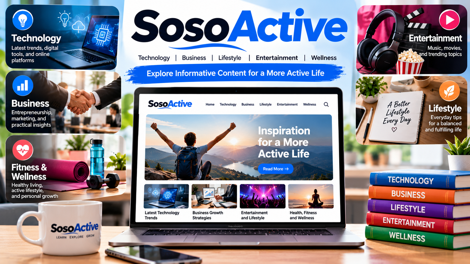 SosoActive website guide featuring technology, business, entertainment, lifestyle, fitness, and wellness content.