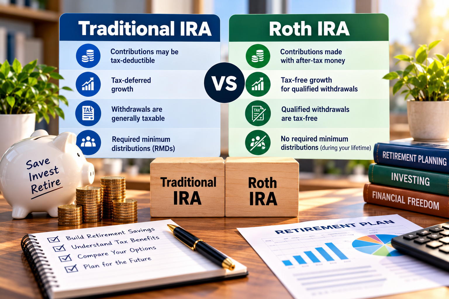 iras and roth iras: comparison showing tax benefits, contributions, and retirement withdrawal rules.