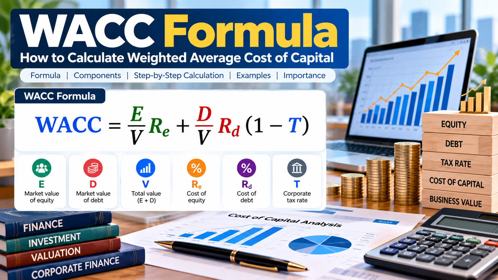 WACC formula infographic explaining weighted average cost of capital, equity, debt, tax rate, and financial valuation.